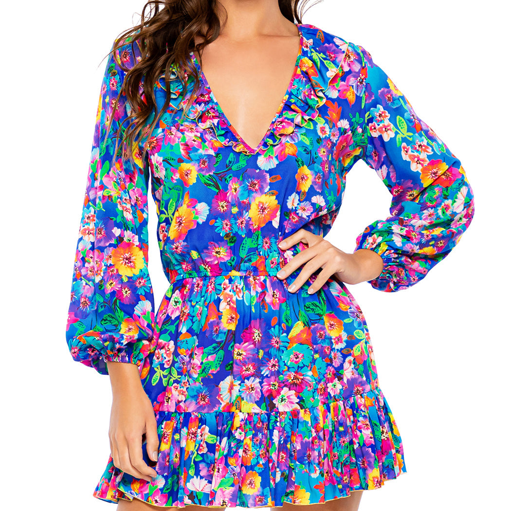 WATER BLOSSOMS - Ruffled Deep V Frill Hem Dress