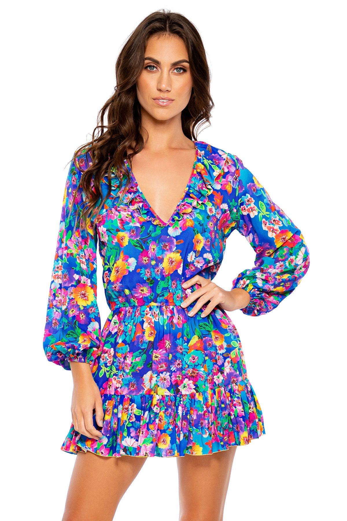 WATER BLOSSOMS - Ruffled Deep V Frill Hem Dress
