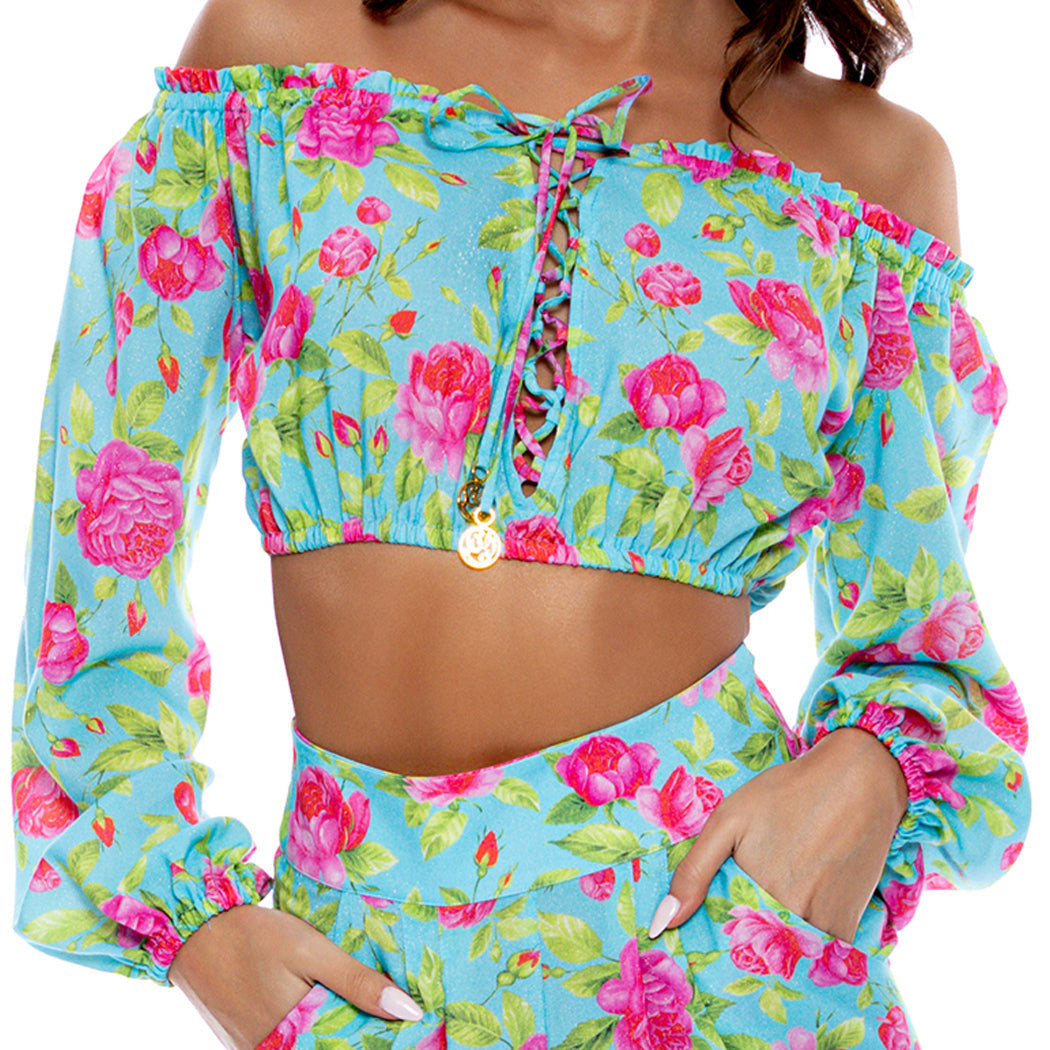 TI AMO - Ruffle Laced Up Open Shoulders Crop Top