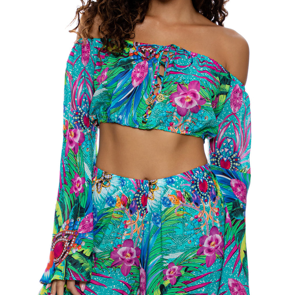 HIDDEN GEMS - Laced Up Off The Shoulder Crop Top