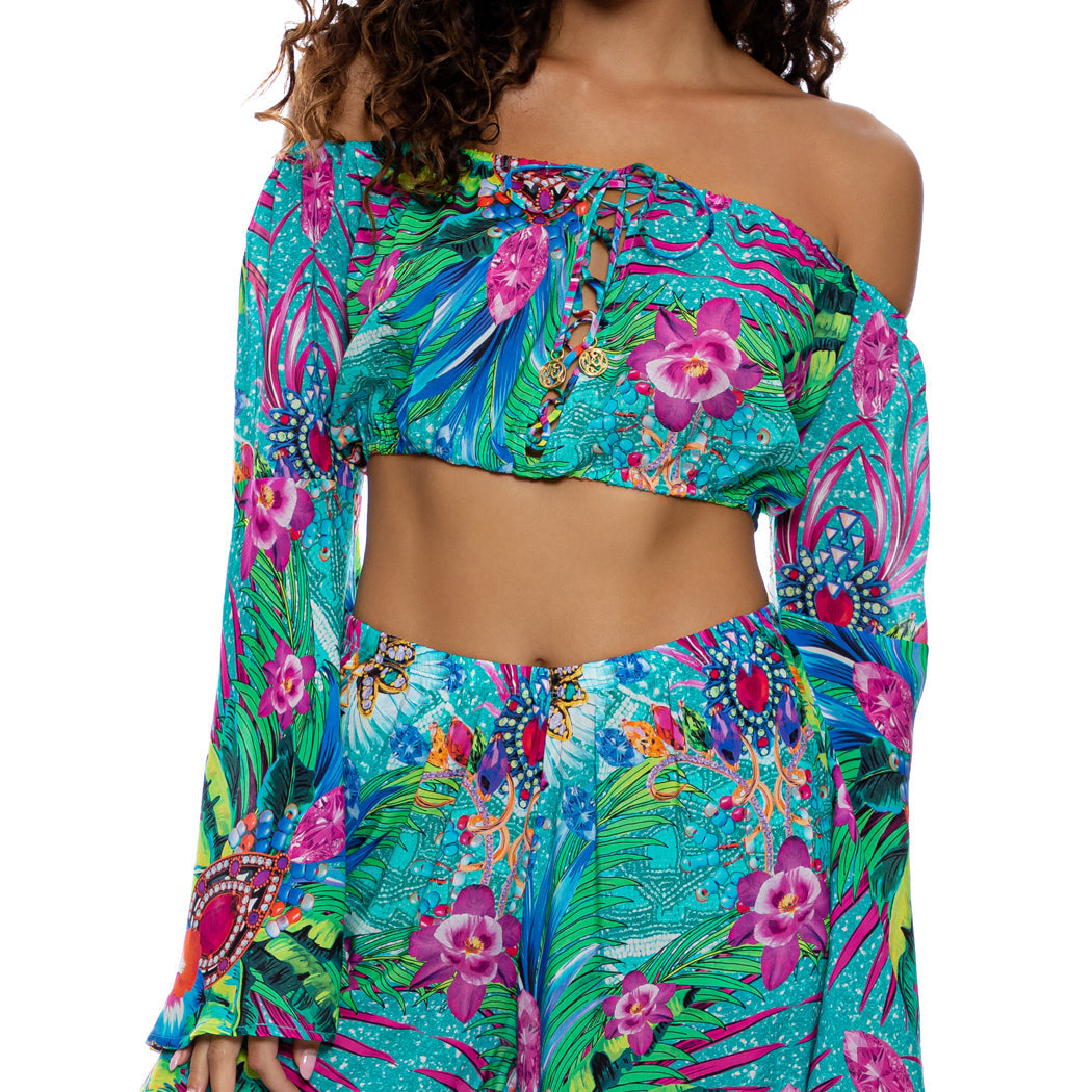 HIDDEN GEMS - Laced Up Off The Shoulder Crop Top