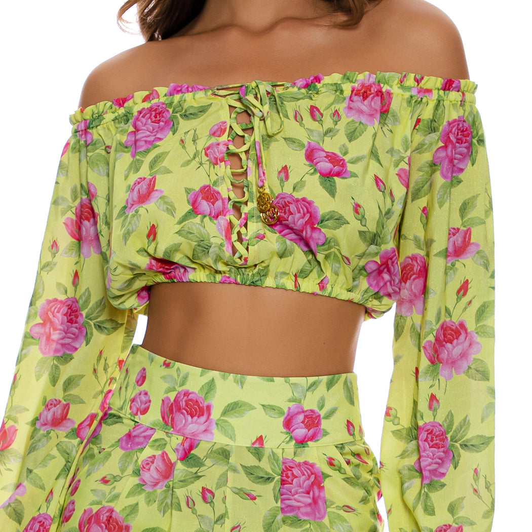 TI AMO - Ruffle Laced Up Open Shoulders Crop Top