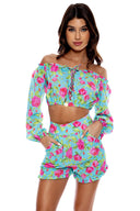 TI AMO - Ruffle Laced Up Open Shoulders Crop Top