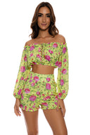 TI AMO - Ruffle Laced Up Open Shoulders Crop Top