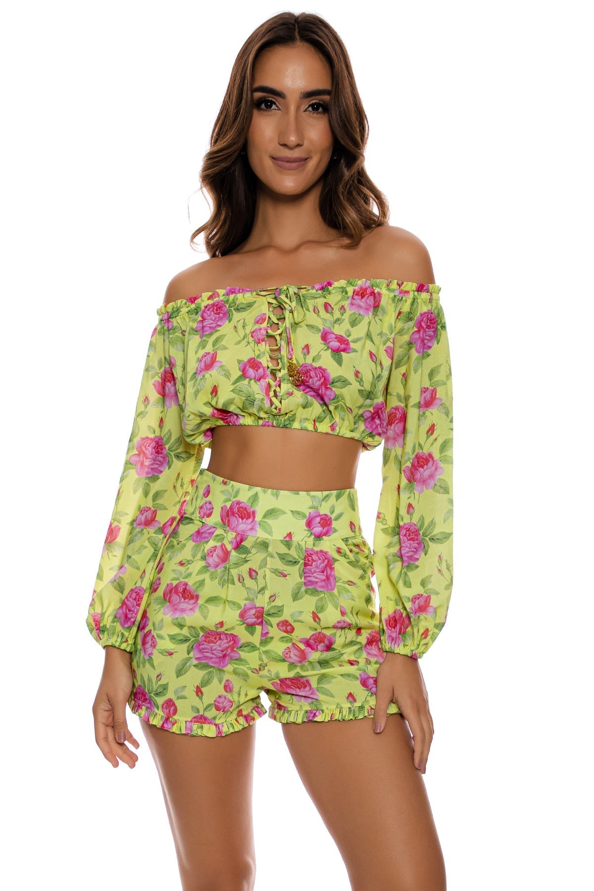 TI AMO - Ruffle Laced Up Open Shoulders Crop Top